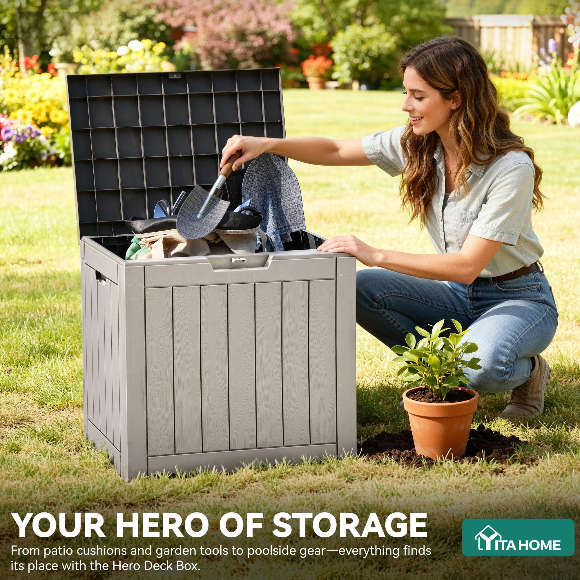 YITAHOME 31 Gallon Outdoor Storage Deck Box, Waterproof Resin Package Delivery and Storage Box with Lockable Lid for Patio Furniture Cushions, Pool Accessories, Garden Tools, Taupe 🍁 All In One Marketplace Canada