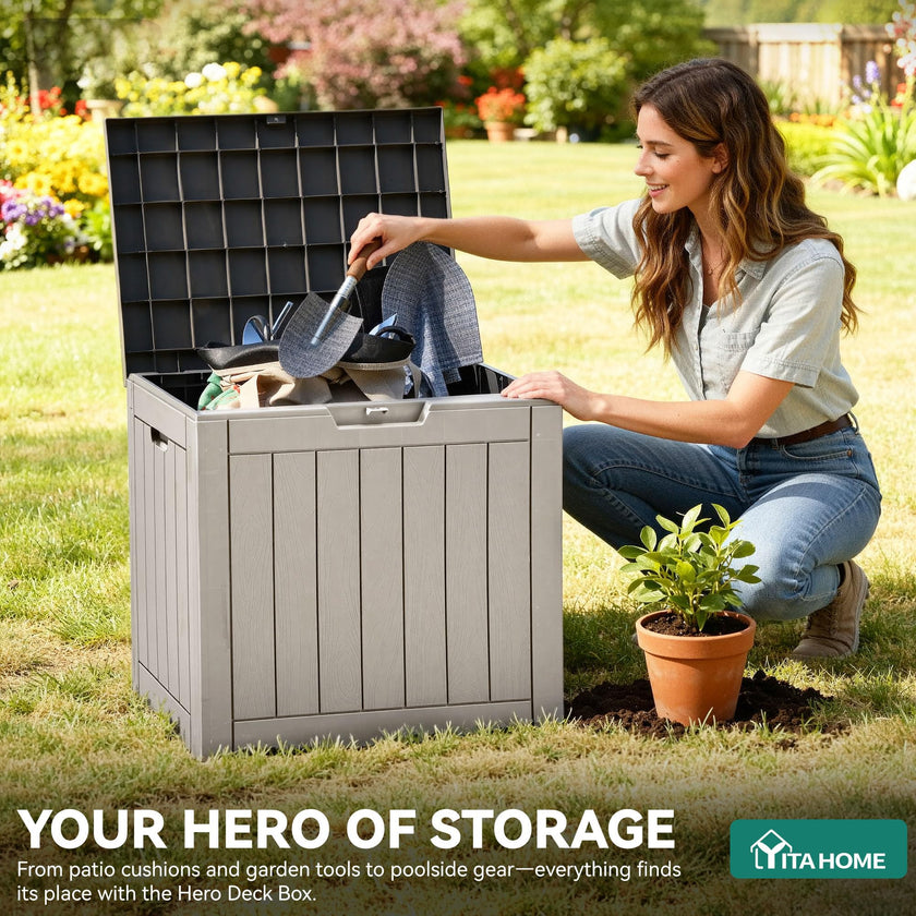 YITAHOME 31 Gallon Outdoor Storage Deck Box, Waterproof Resin Package Delivery and Storage Box with Lockable Lid for Patio Furniture Cushions, Pool Accessories, Garden Tools, Taupe 🍁 All In One Marketplace Canada