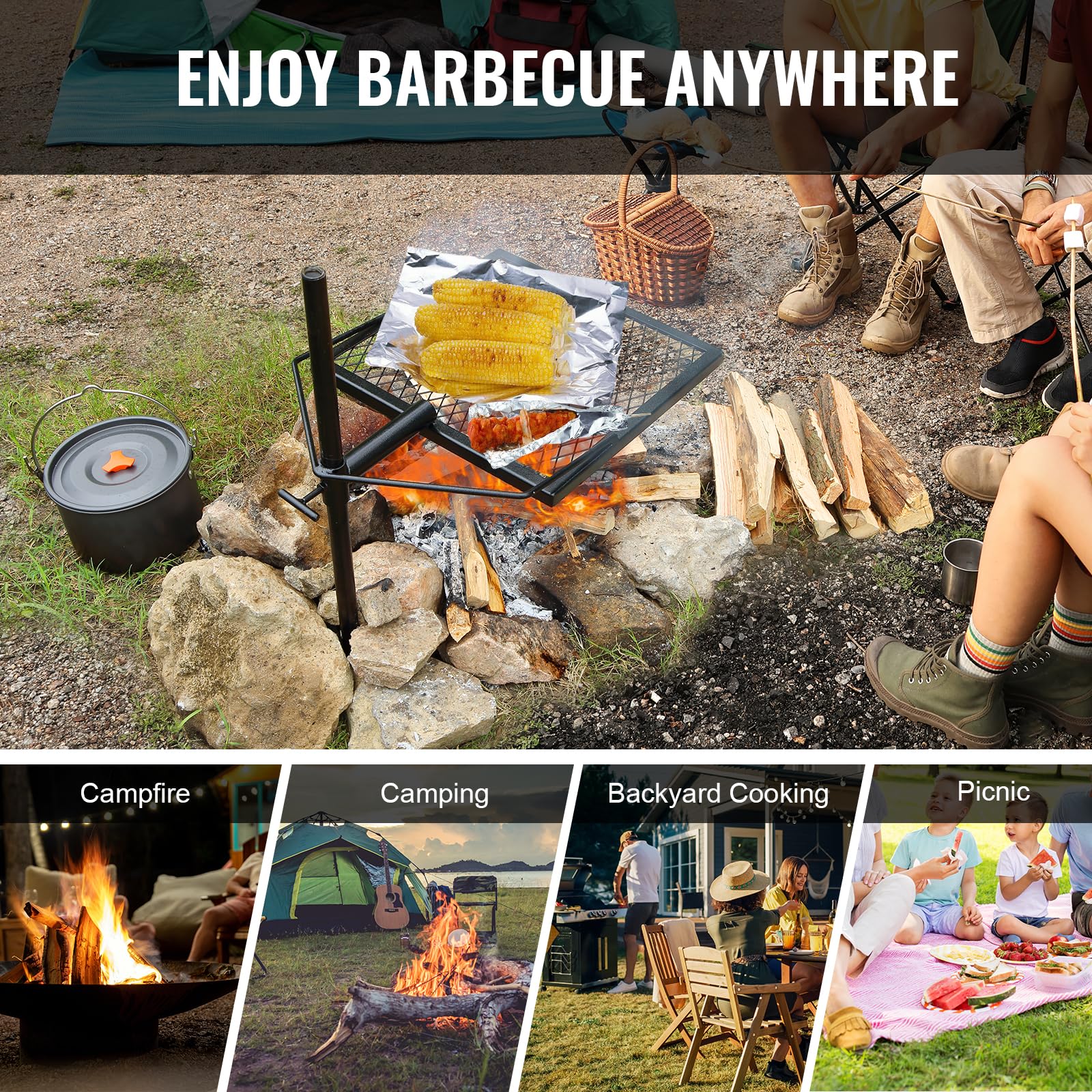 VEVOR Swivel Campfire Grill, Fire Pit Grill Grate, Heavy Duty Steel Grill Grates, 360° Adjustable Open Outdoor Cooking Equipment, Portable Camp Fire Racks for Camping Outdoor BBQ 🍁 All In One Marketplace Canada