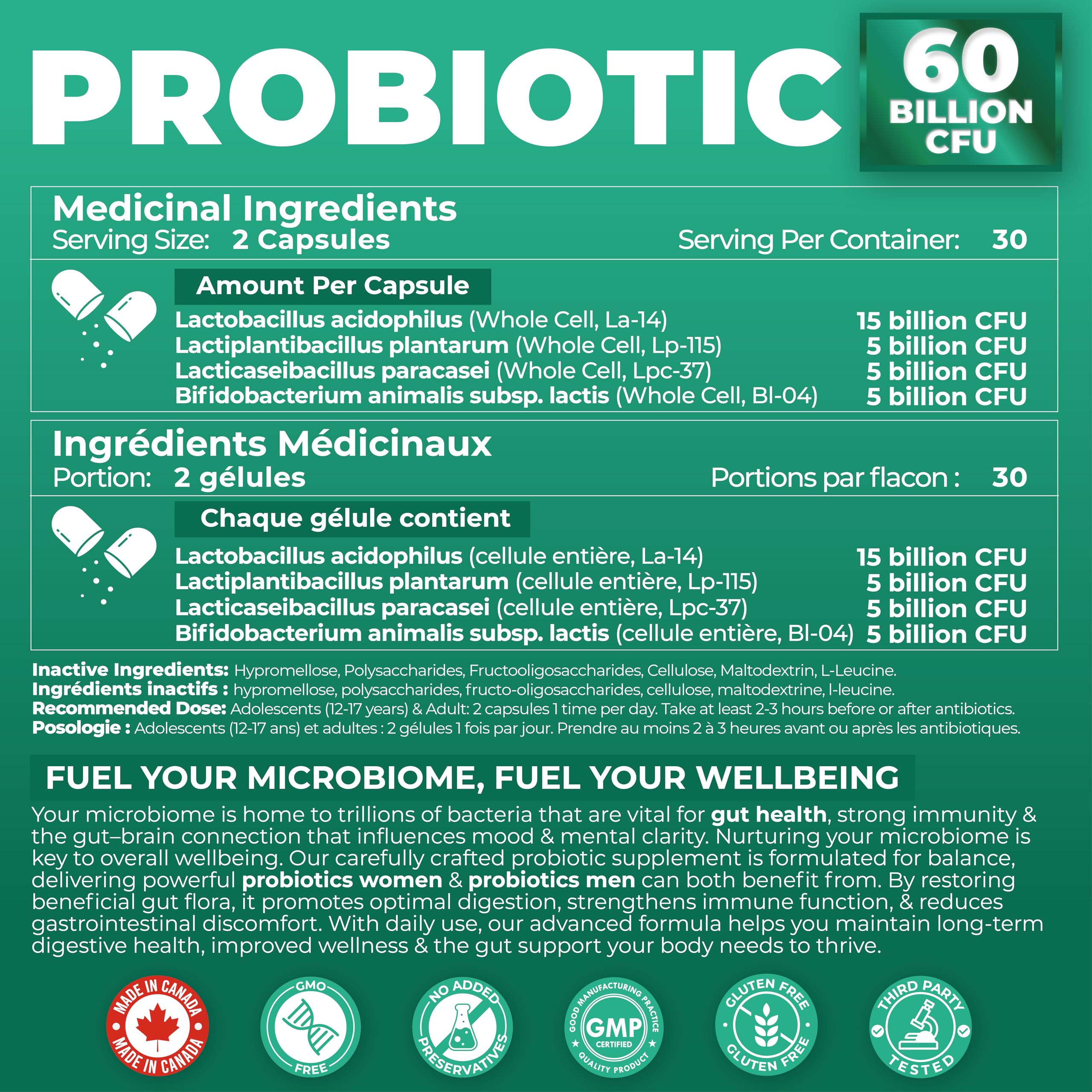 Probiotics Women & Men - 60 Billion CFU Probiotic + Prebiotics | Delayed Release Capsules Survive Stomach Acid for Max Potency | Digestive & Immune Support | Bloating & Gas Relief | Shelf Stable Lactobacillus Strains | Canadian Made, 3rd Party Tested