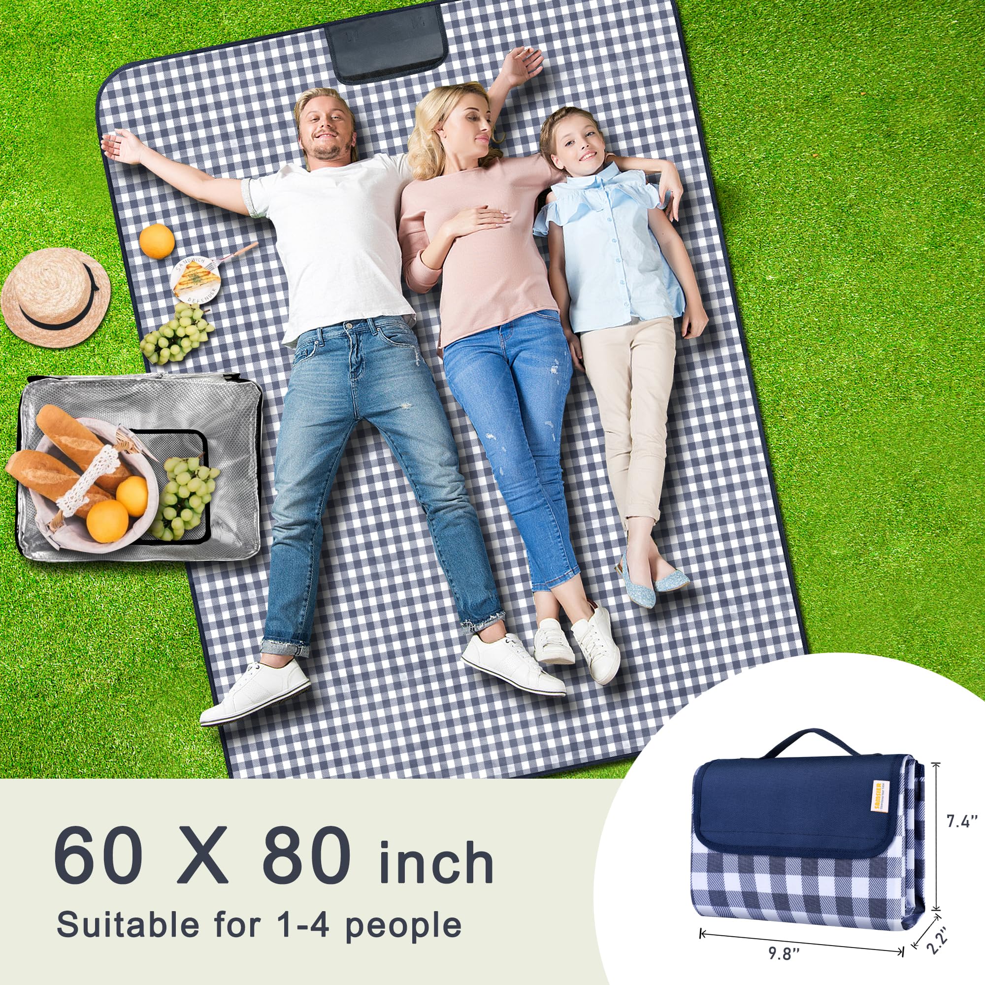 SAMSIER Large Outdoor Picnic Blankets Waterproof Foldable, Beach Blanket Sandproof Portable, Cute Picnic Mat Washable (Navy Blue, 60