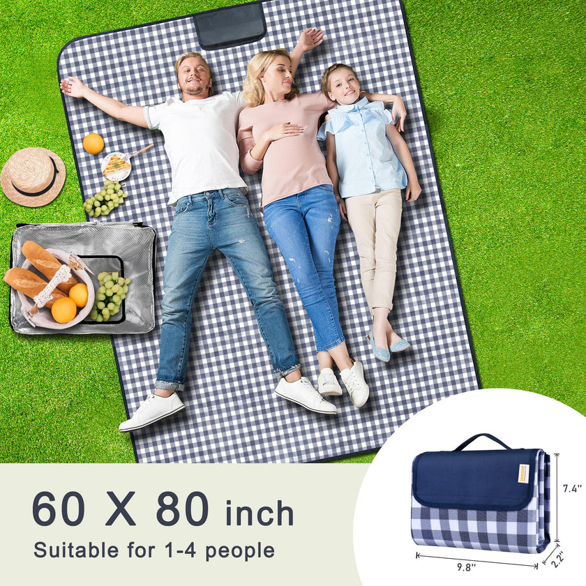 SAMSIER Large Outdoor Picnic Blankets Waterproof Foldable, Beach Blanket Sandproof Portable, Cute Picnic Mat Washable (Navy Blue, 60