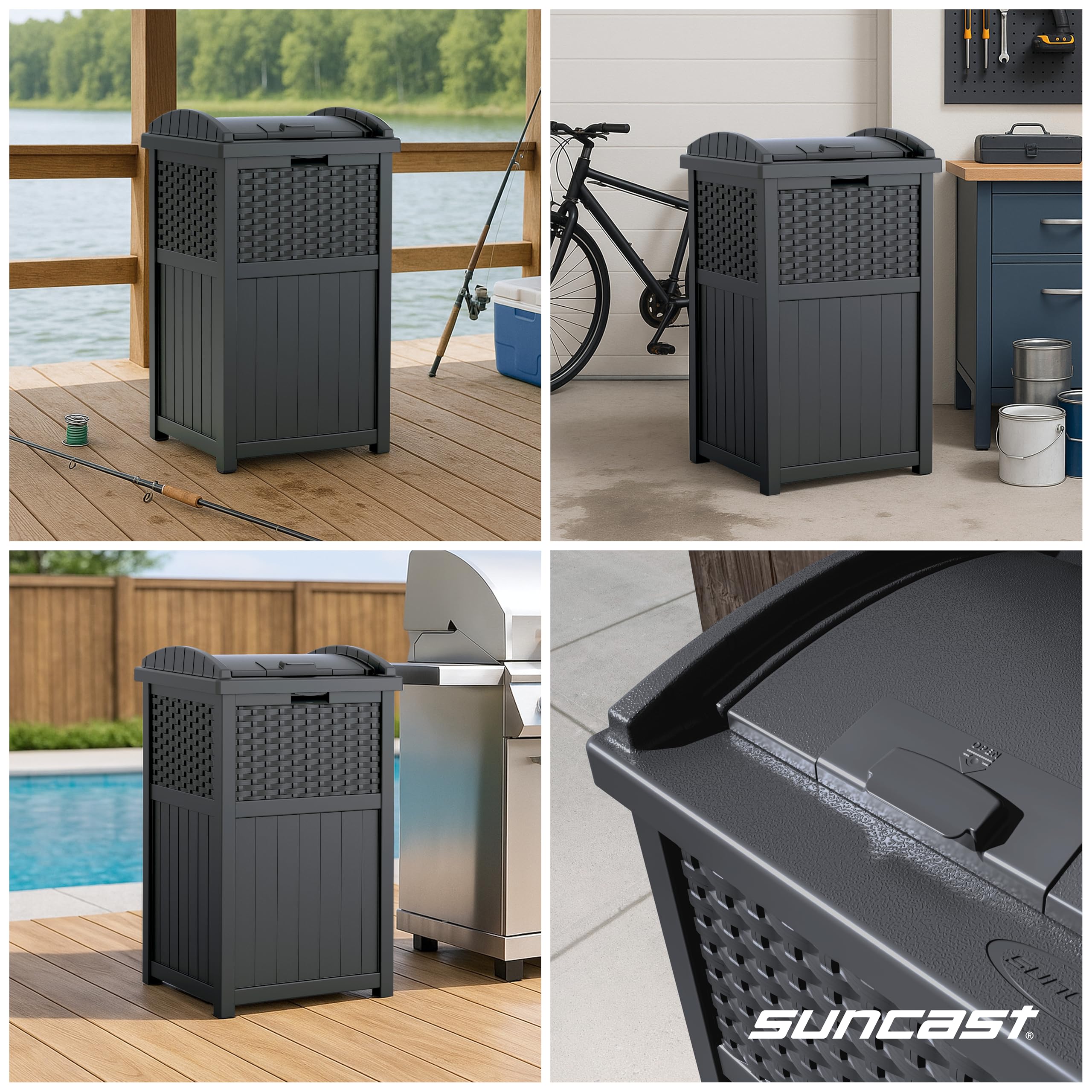 Suncast 33 Gallon Wicker-Style Hideaway Trash Can with Secure Latching Lid and Weather-Resistant Construction for Patio, Cyberspace Grey, Made in the USA 🍁 All In One Marketplace Canada