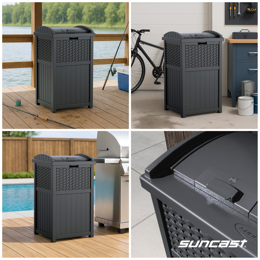 Suncast 33 Gallon Wicker-Style Hideaway Trash Can with Secure Latching Lid and Weather-Resistant Construction for Patio, Cyberspace Grey, Made in the USA 🍁 All In One Marketplace Canada