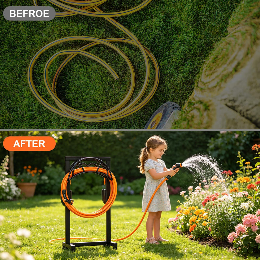 Garden Hose Holder, Freestanding Heavy Duty Water Hose Holder for Outside, Upgraded Metal Hose Stand with 150-Foot Capacity, Detachable Garden Hose Storage Hose Reel Rack, Black 🍁 All In One Marketplace Canada