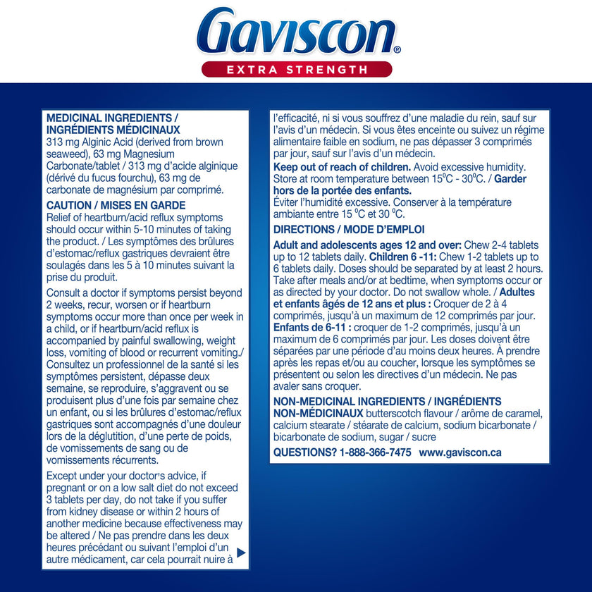 Gaviscon Extra Strength Tablets - 60 Count - Chewable Foaming Antacid Tablets for Day and Night Heartburn Relief, Acid Reflux and GERD relief, Butterscotch - Free of Aluminum, Lactose and Gluten 🍁 All In One Marketplace Canada