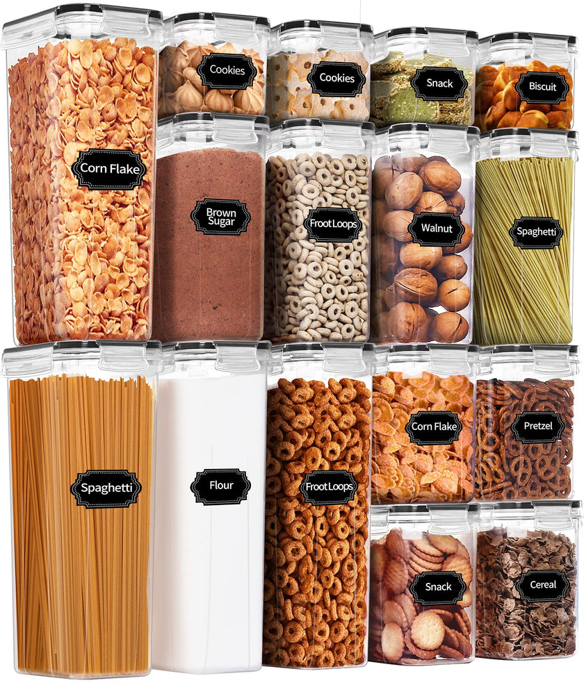 PRAKI Airtight Food Storage Container Set with Lids, 16 Pcs Plastic Dry Food Canisters for Kitchen Pantry Organizers and Storage, Ideal for Cereal, Flour & Sugar - Labels, Marker(Black) 🍁 All In One Marketplace Canada