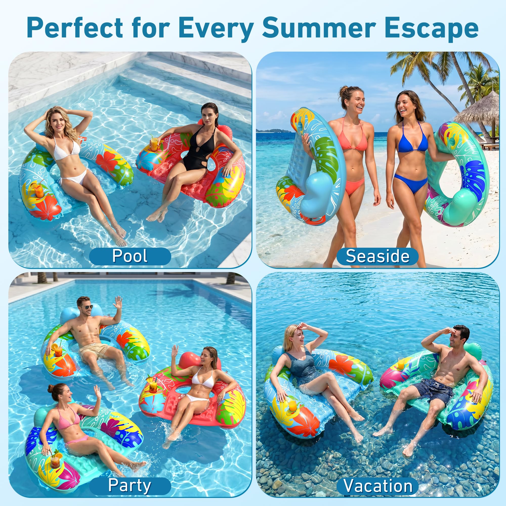 SEETOHOME 3 Pack Pool Floaties for Adults, Inflatable Pool Float Chair Adult Size with Backrest & Cup Holder Floating Pool Chair Floaties for Adults Beaches, Lakes, Rivers, Parties Water Fun 🍁 All In One Marketplace Canada