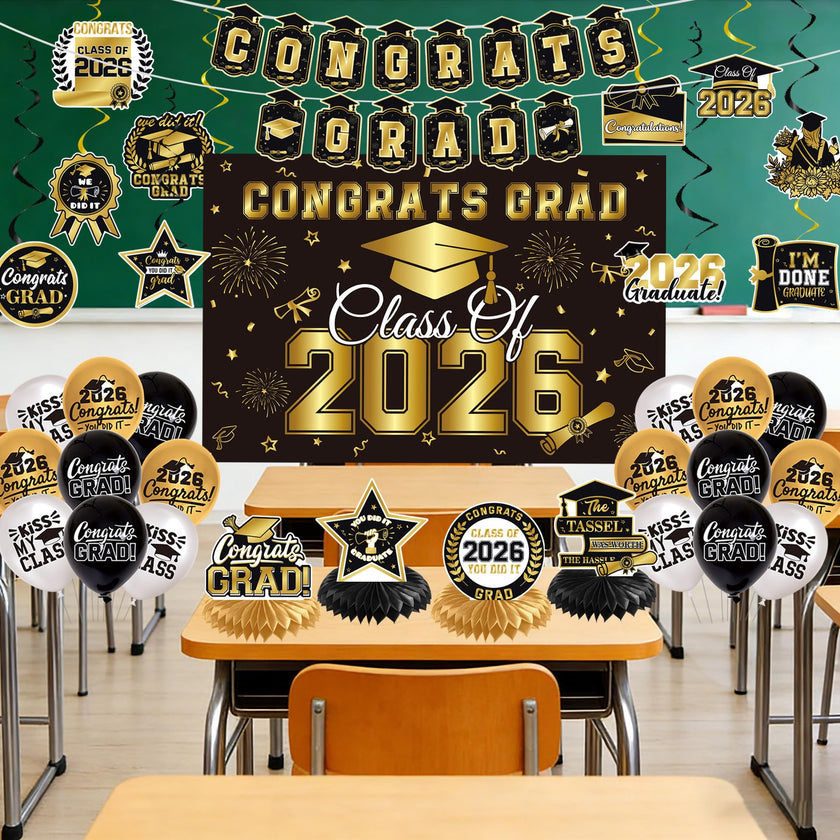 Graduation Decorations 2026 Black Gold 35PCS, Pre-Strung Congrats Grad Banner, Class of 2026 Backdrop, Balloons, Hanging Swirls, Graduation Party Decorations,PRE-ASSEMBLED 🍁 All In One Marketplace Canada