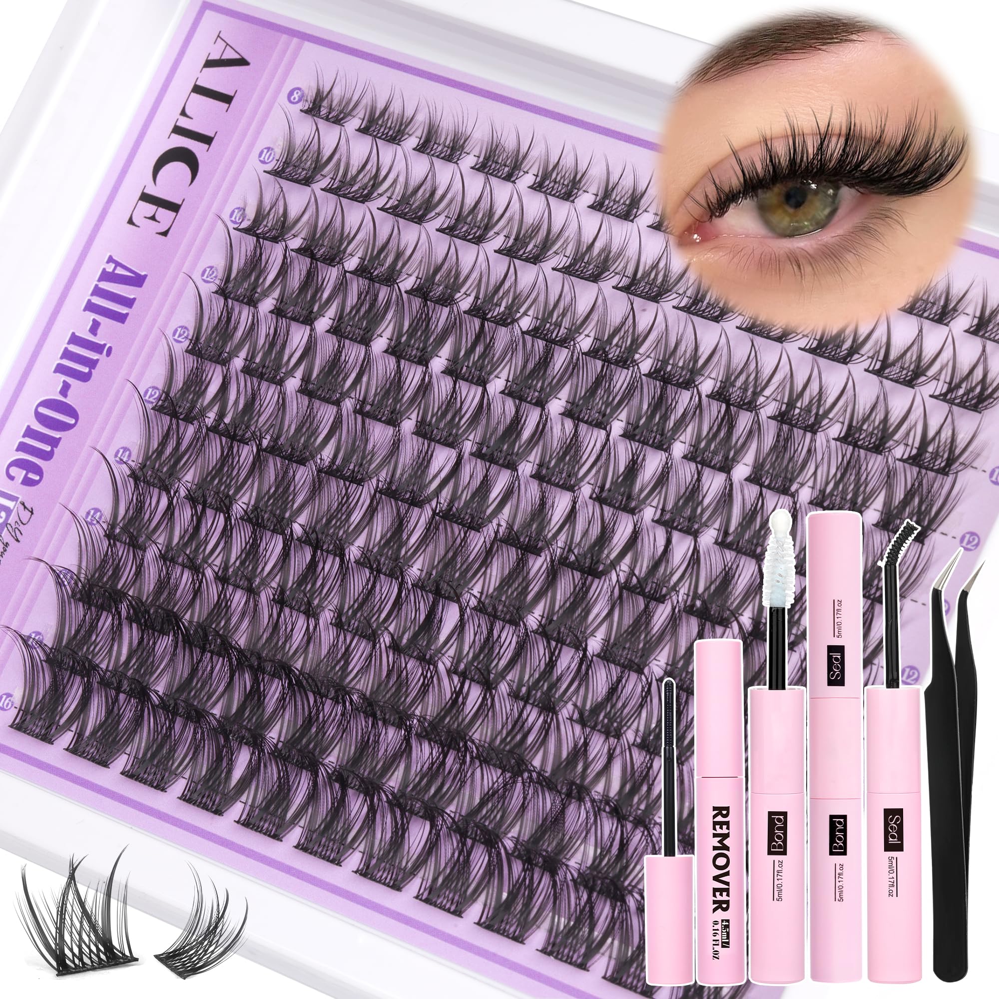 Wispy Lash Clusters Kit Natural Lash Extensions Kit DIY Cluster Eyelash Extensions C Curl 8-16mm Individual Lashes with Lash Remover Bond and Seal Soft Thin Band by ALICE 🍁 All In One Marketplace Canada
