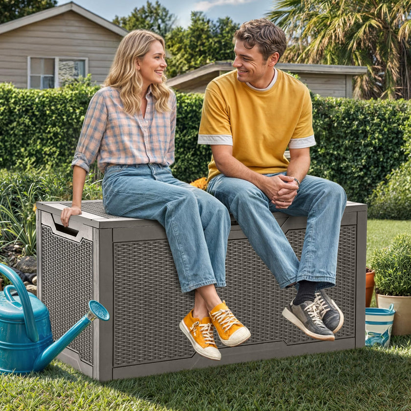 YITAHOME 100 Gallon Large Resin Deck Box Outdoor Storage Boxes for Patio Furniture, Outdoor Cushions, Garden Tools and Pool Supplies-Waterproof,Lockable (Taupe) 🍁 All In One Marketplace Canada