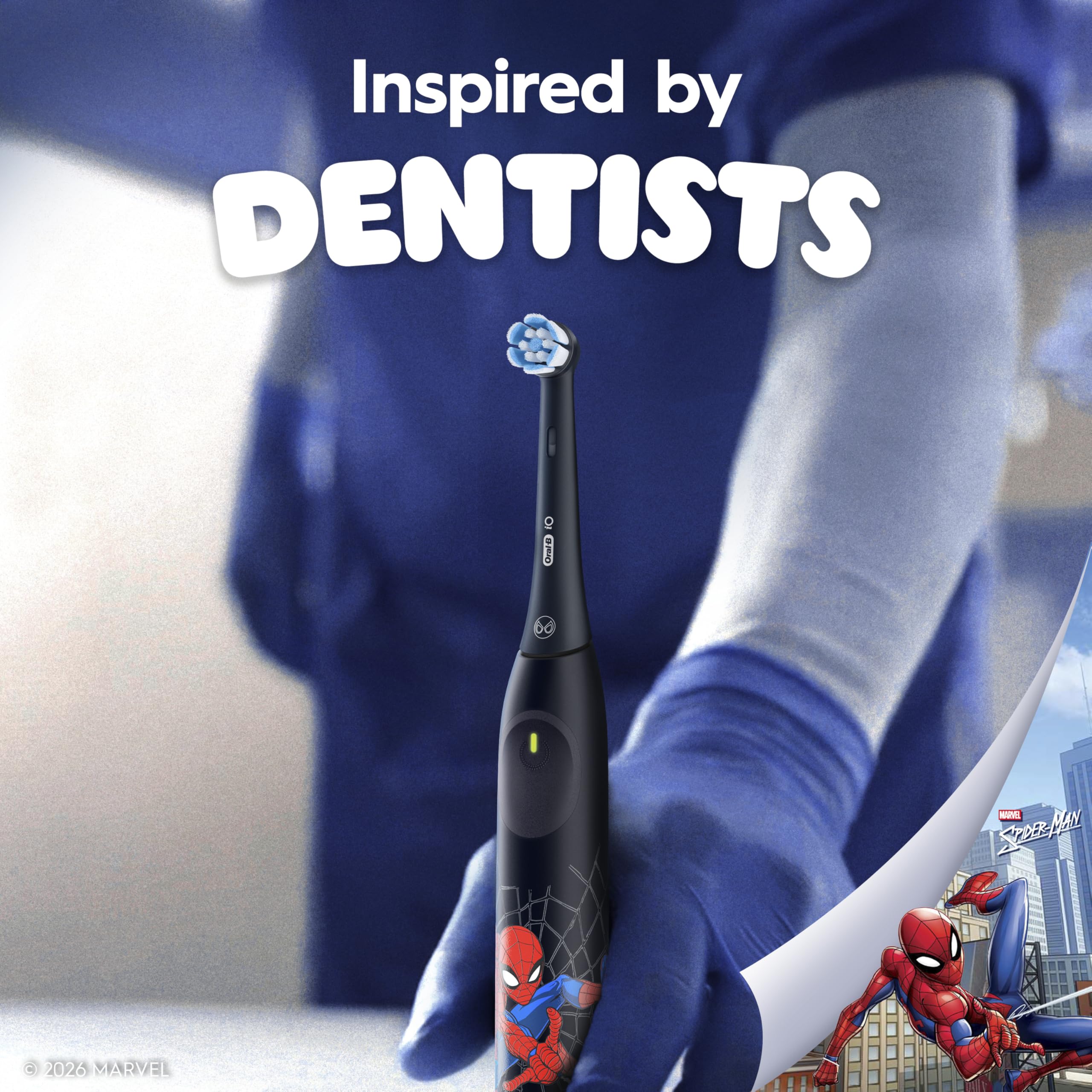 Oral-B iO Kids Limited Rechargeable Electric Powered Toothbrush, Spiderman with 1 Gentle Care Brush Head - Automatic Pressure Sensor to Protect Gums - 3 Cleaning Settings - 2 Min Music Timer - Travel Case - 28 Day Battery Life