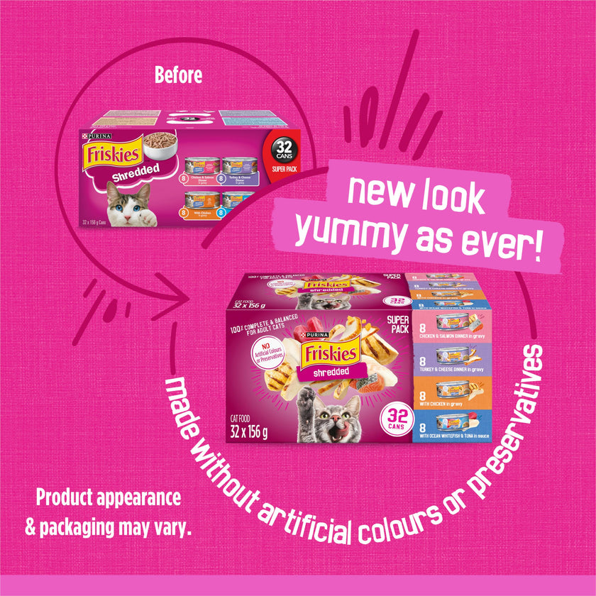 Friskies Shredded Wet Cat Food, Poultry & Fish Combo Variety Pack 4 Flavours - 156 g Can (32 Pack) 🍁 All In One Marketplace Canada