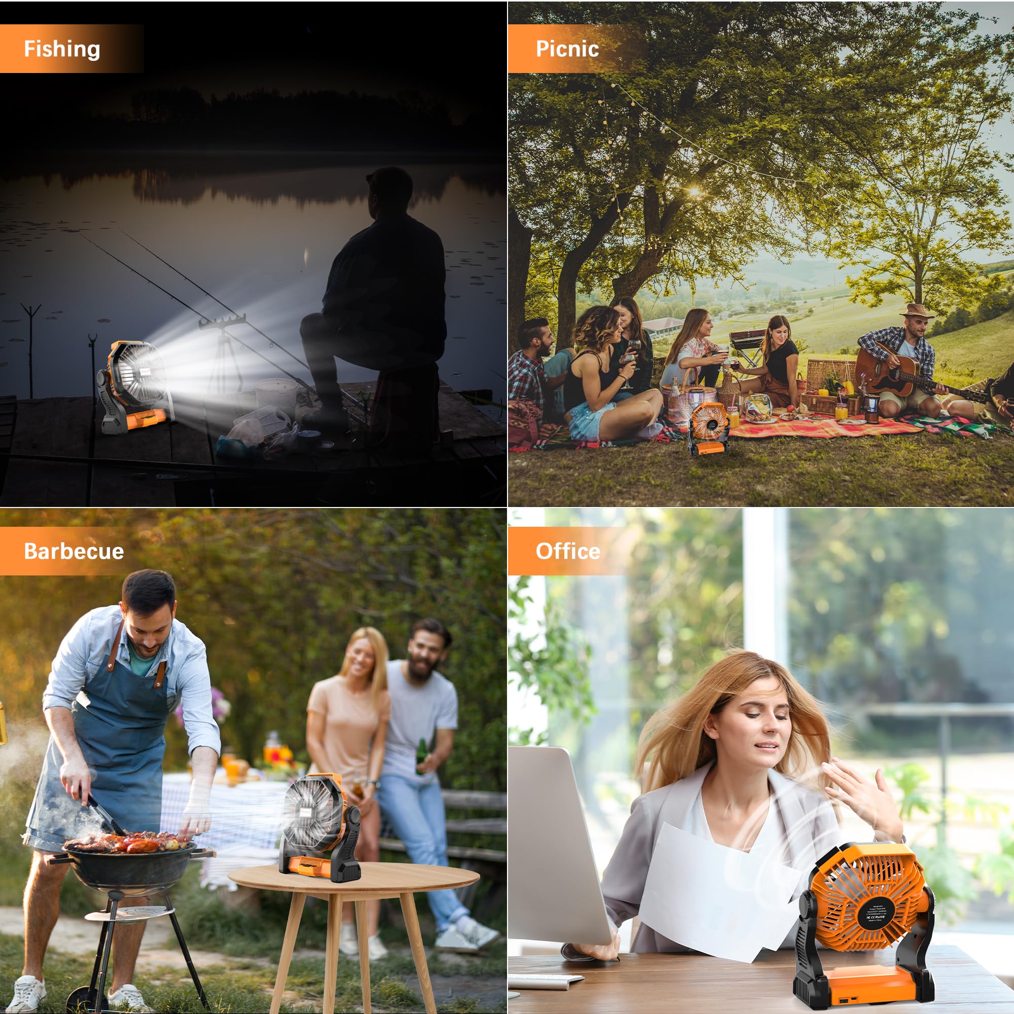 Kssvzz Portable Camping Fan with LED, 20000mAh Rechargeable Battery Powered Fan, 270°Pivot Personal USB Fan, 4 Speed Quiet Table Fan, 9’’ Battery Operated Tent Fan for Travel, Picnic(Orange) 🍁 All In One Marketplace Canada