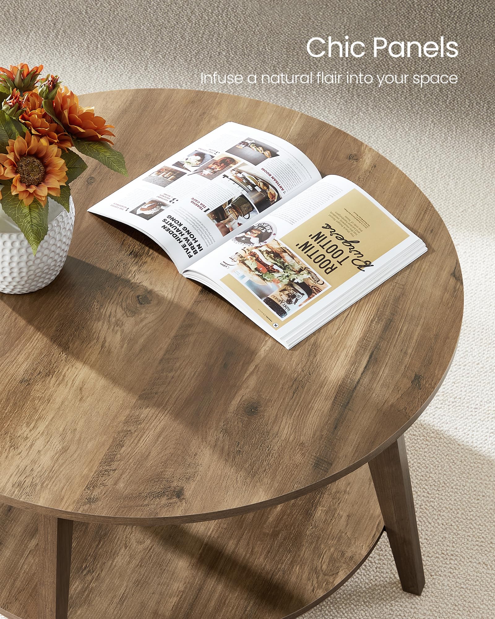 VASAGLE MAEZO Collection - Round Coffee Table, 2-Tier Center Table with Storage, Tapered Legs, Curved Transitions, 80 x 45 cm, Easy Assembly, for Living Room, Honey Brown ULCT243K41 🍁 All In One Marketplace Canada