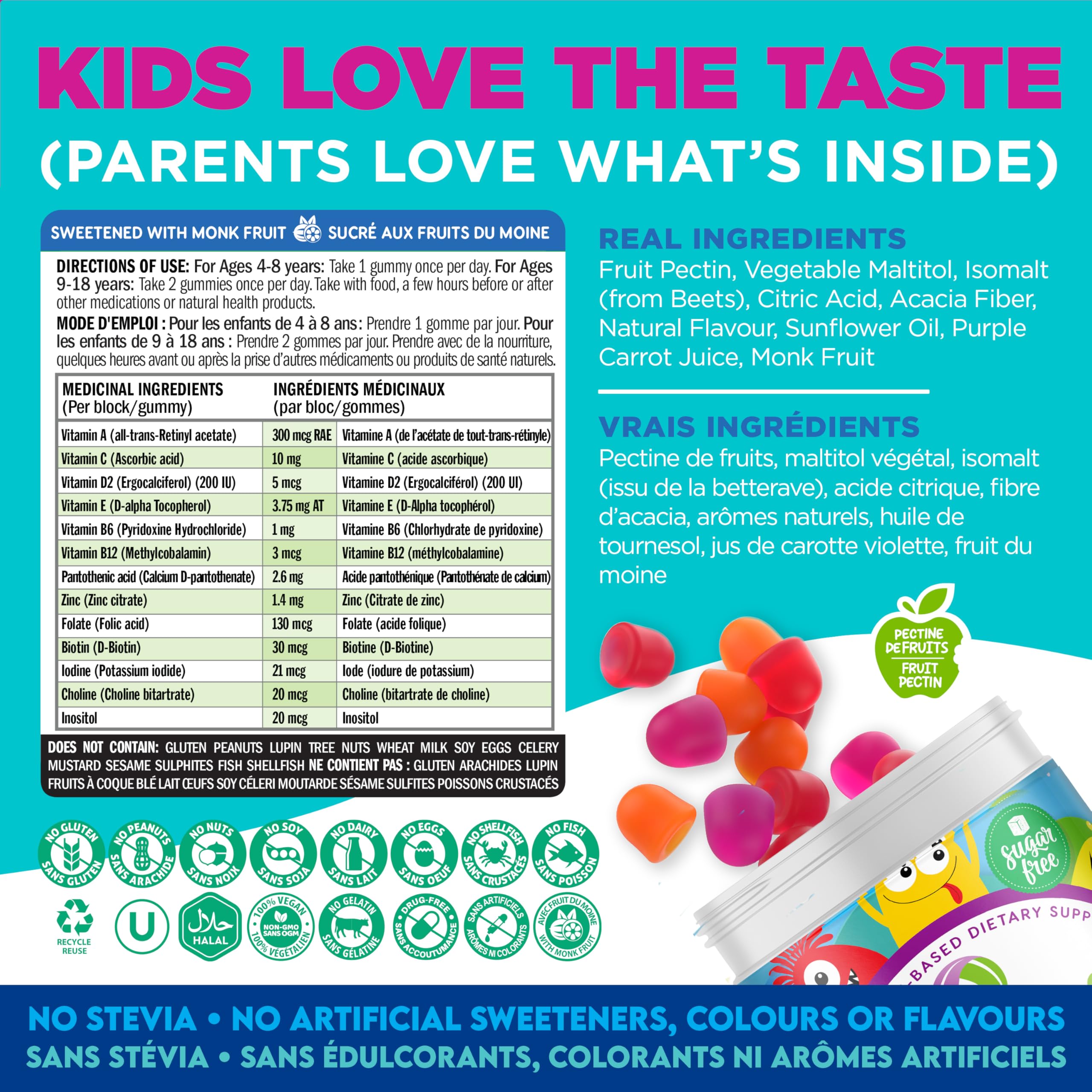 CANADIAN NUTRAMIN Children's Daily Vegan Multivitamin Gummies Vitamin C, D2 & Zinc for Immunity, Plant-Based, Sugar-Free, Nut-Free, Gluten-Free with Biotin, Vitamin A, B, B6, B12 +More 90 Ct (45 Day Supply) 🍁 All In One Marketplace Canada