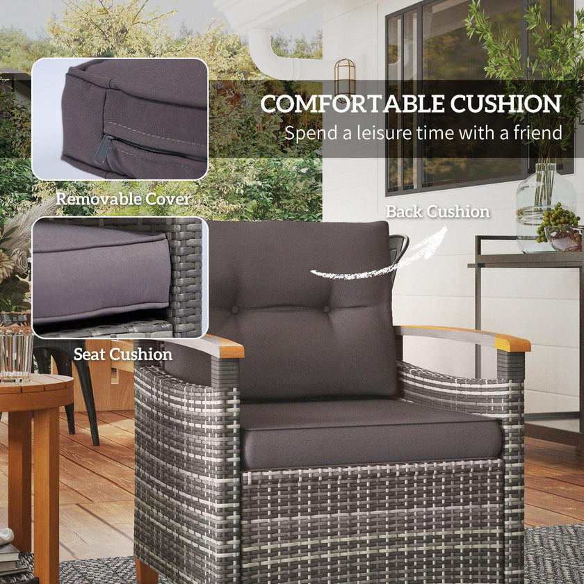 Outdoor Bistro Set Wicker Patio Furniture With Cushions For Porch, Backyard, Garden, Gray