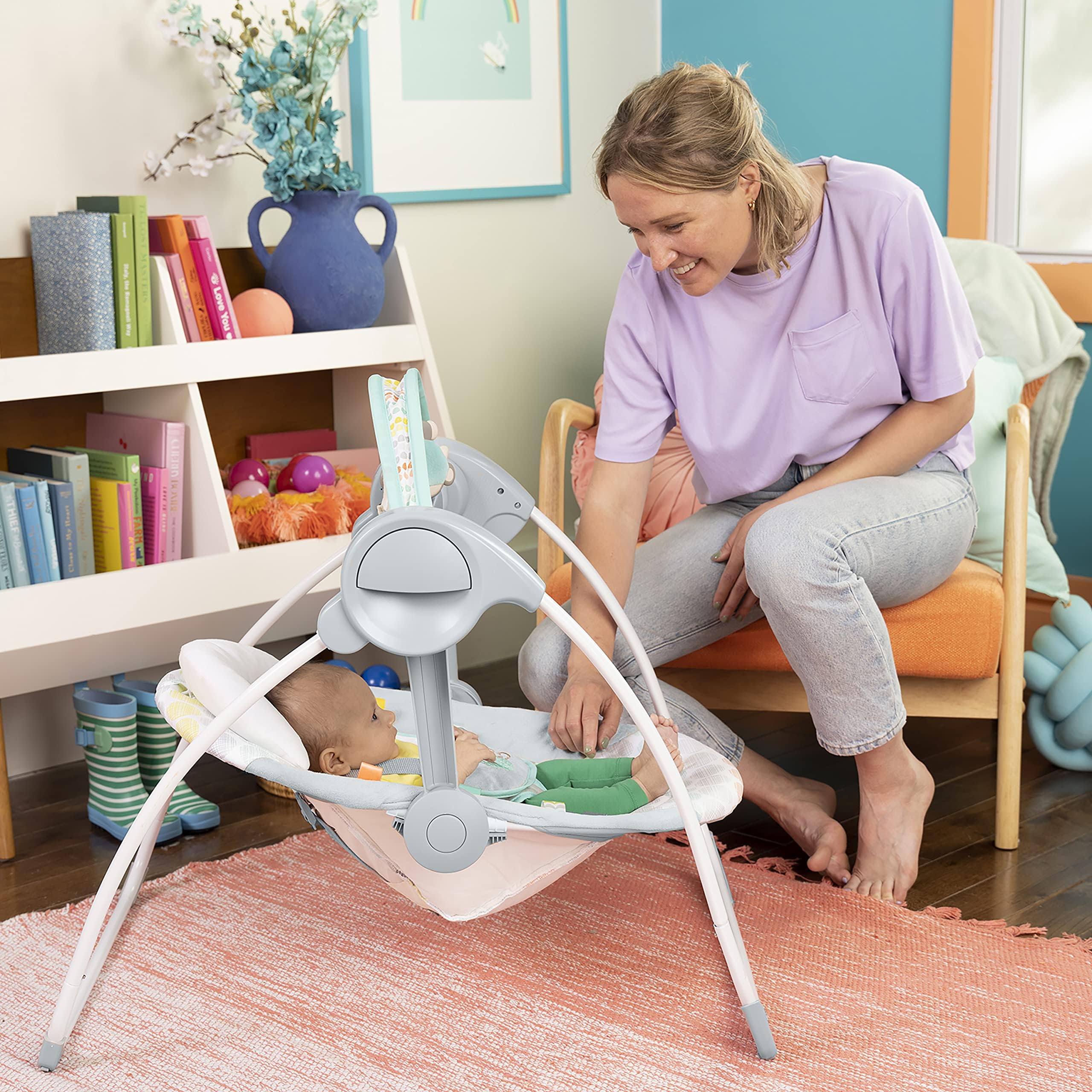 Bright Starts Portable Automatic 6-Speed Baby Swing, Compact Easy-Fold, Music, Toy Bar, 0-9 Months 6-20 lbs (Whimsical Wild) 🍁 All In One Marketplace Canada