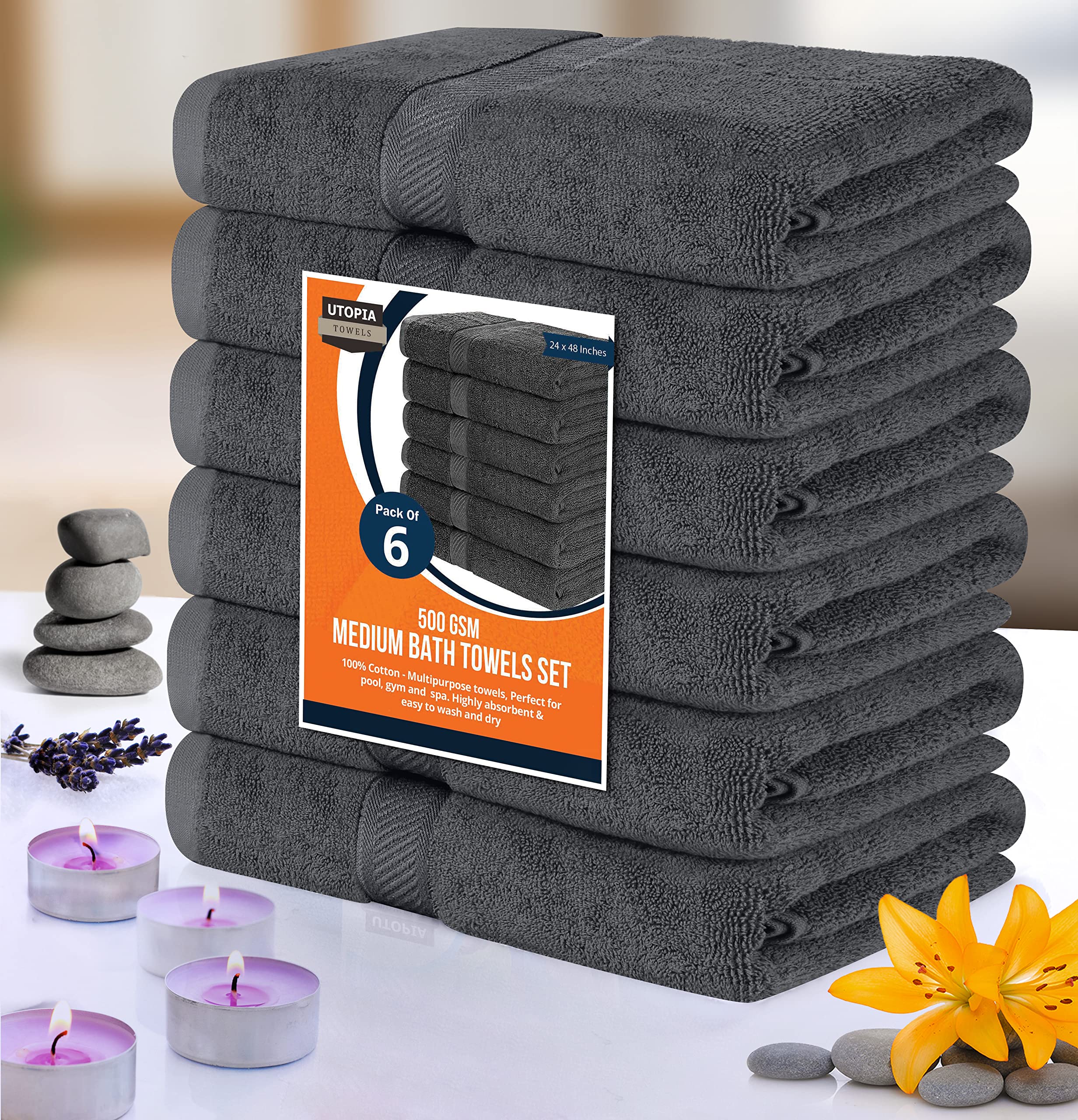 Utopia Towels 6 Medium Bath Towels, 24 by 48 Inches, 100% Cotton Towels for Pool, Spa, Gym, Quick Drying and Absorbent, Grey 🍁 All In One Marketplace Canada