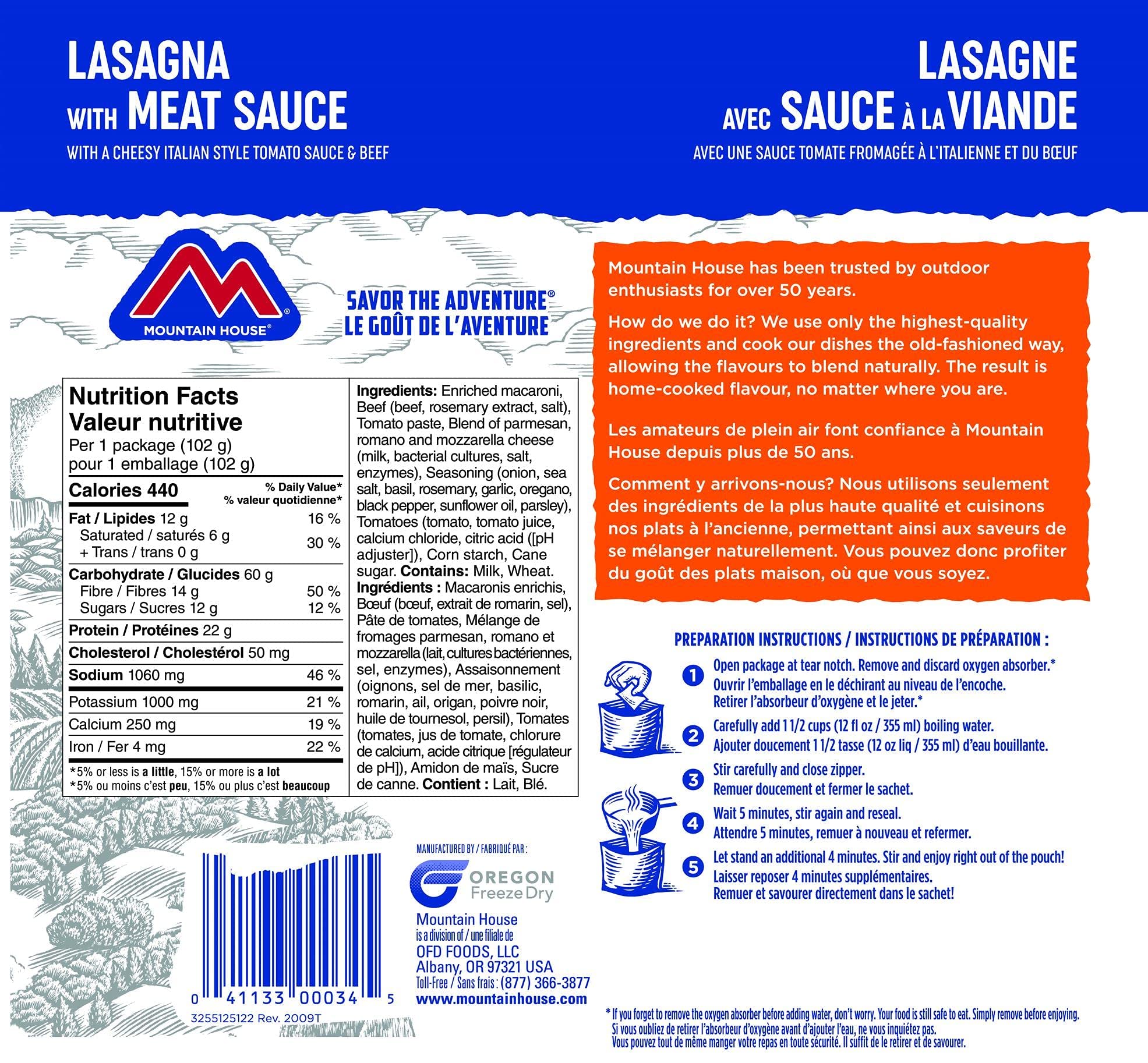 Mountain House Lasagna with Meat Sauce Pouch| Freeze Dried Backpacking & Camping Food | Survival & Emergency Food | Entree Meal | Easy to Prepare | Delicious and Nutritious | Single Pouch 🍁 All In One Marketplace Canada