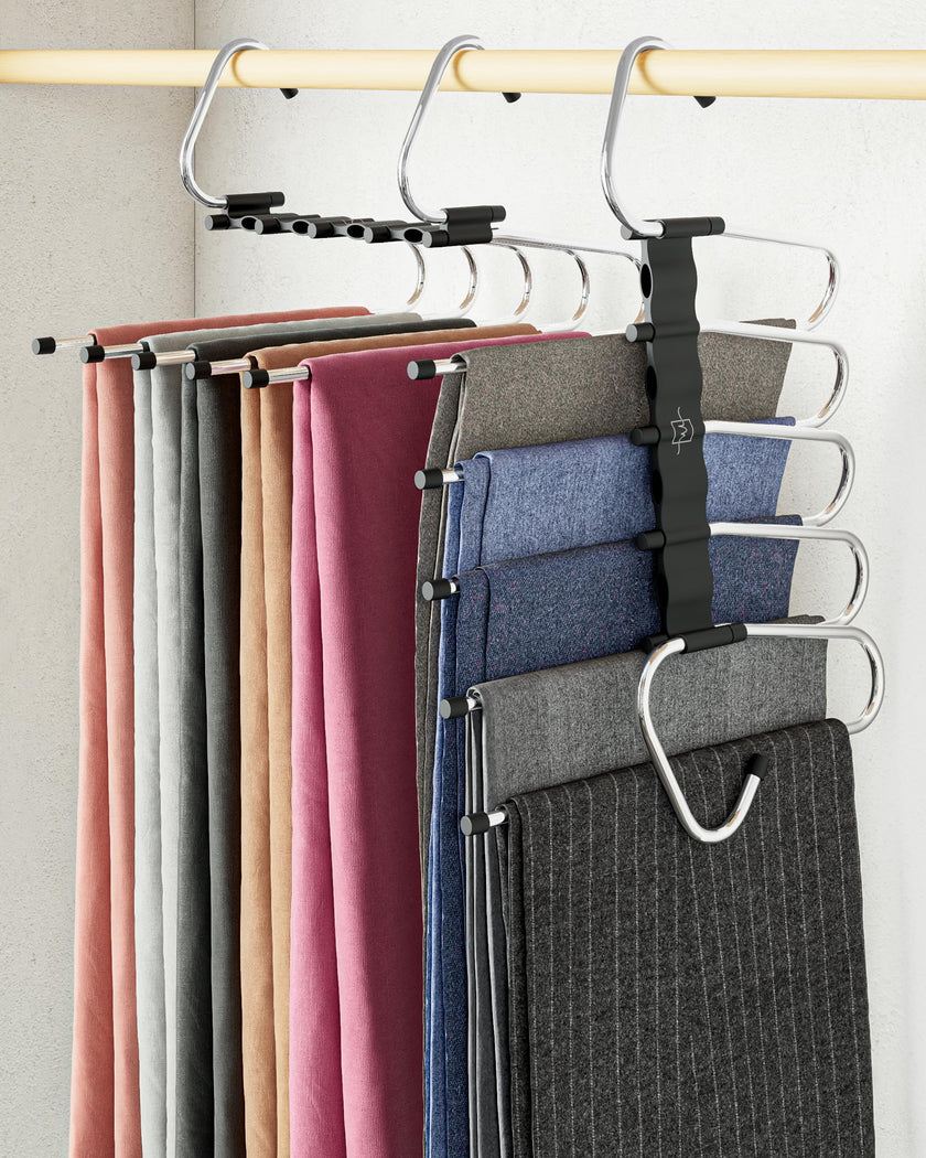 MORALVE Pants Hangers Space Saving - 2 Pack - Non-Slip Multi-Layer Space Saving Hangers - Multifunctional Clothing Rack for Closet Storage - Ideal for Jeans, Trousers, Skirts, Scarves & Slacks (Black) 🍁 All In One Marketplace Canada