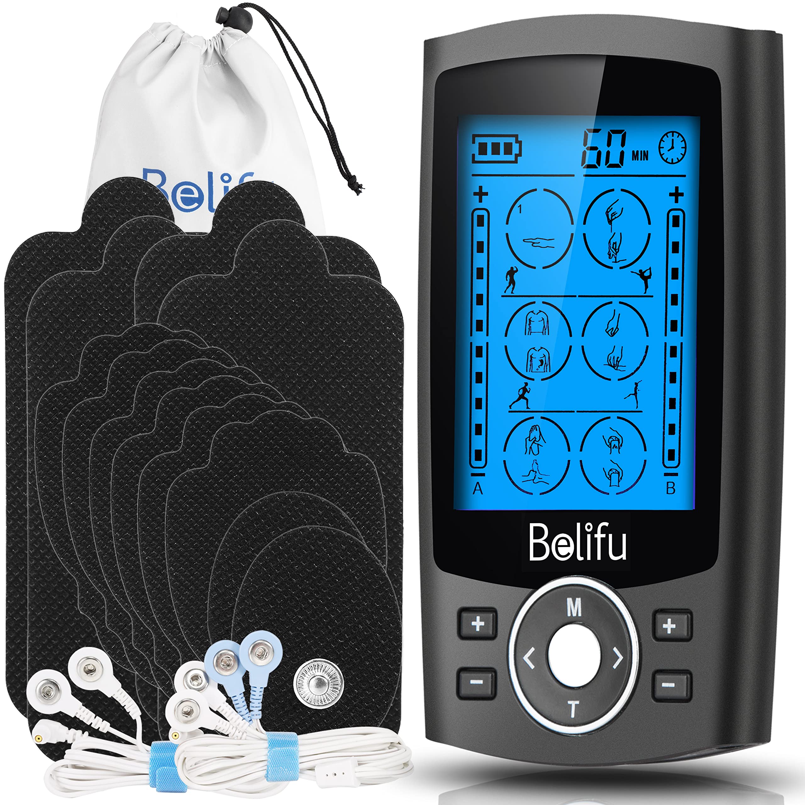 Belifu Dual Channel TENS EMS Unit with 12 Pads, 24 Modes Muscle Stimulator, Electronic Pulse Massager Muscle Massager for Pain Relief Therapy, Fastening Cable Ties, Dust-Proof Drawstring Storage Bag 🍁 All In One Marketplace Canada