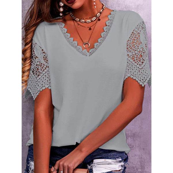 Summer Lace Tops Loose V Neck Short Sleeve Casual top