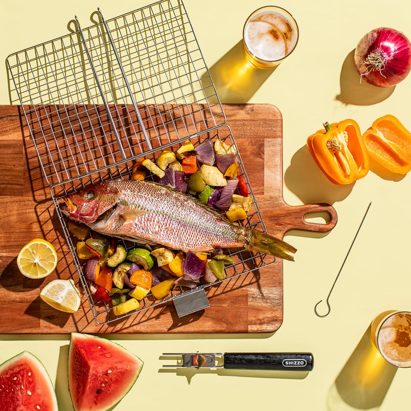 SHIZZO Grill Basket Value Set, Barbecue BBQ Grilling Basket , Stainless Steel Large Folding Grilling baskets With Handle, Portable Outdoor Camping BBQ Rack for Fish, Shrimp, Vegetables, Barbeque Griller Cooking Accessories, Gift, Gifts for father, dad, hu