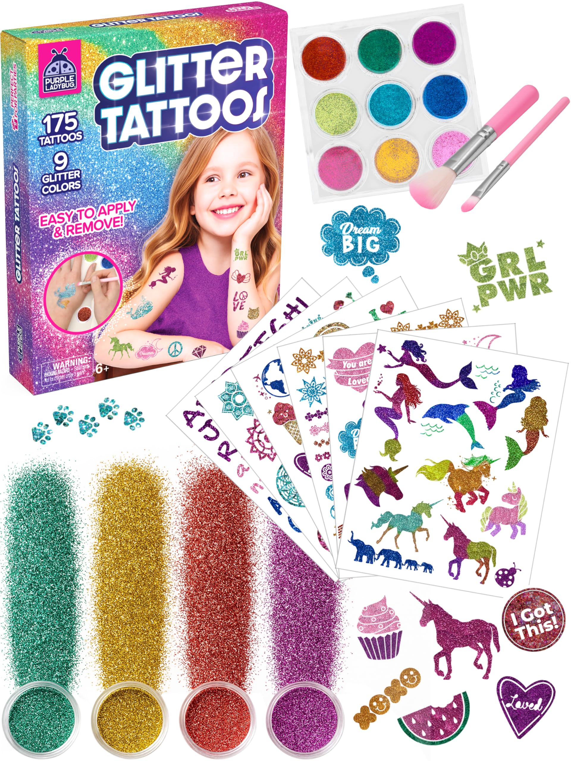 PURPLE LADYBUG 175 Glitter Tattoo Kit - Cute Temporary Tattoos for Kids 6-8 - Creative Girls Gifts 8-12 Years Old - Tween Girls Gift Ideas for Kids Age 6 7 8 9 10 11 🍁 All In One Marketplace Canada