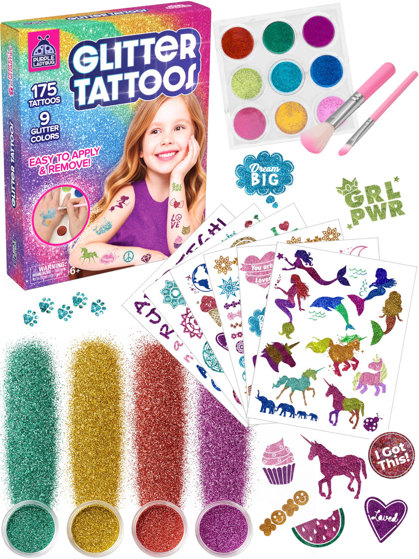 PURPLE LADYBUG 175 Glitter Tattoo Kit - Cute Temporary Tattoos for Kids 6-8 - Creative Girls Gifts 8-12 Years Old - Tween Girls Gift Ideas for Kids Age 6 7 8 9 10 11 🍁 All In One Marketplace Canada