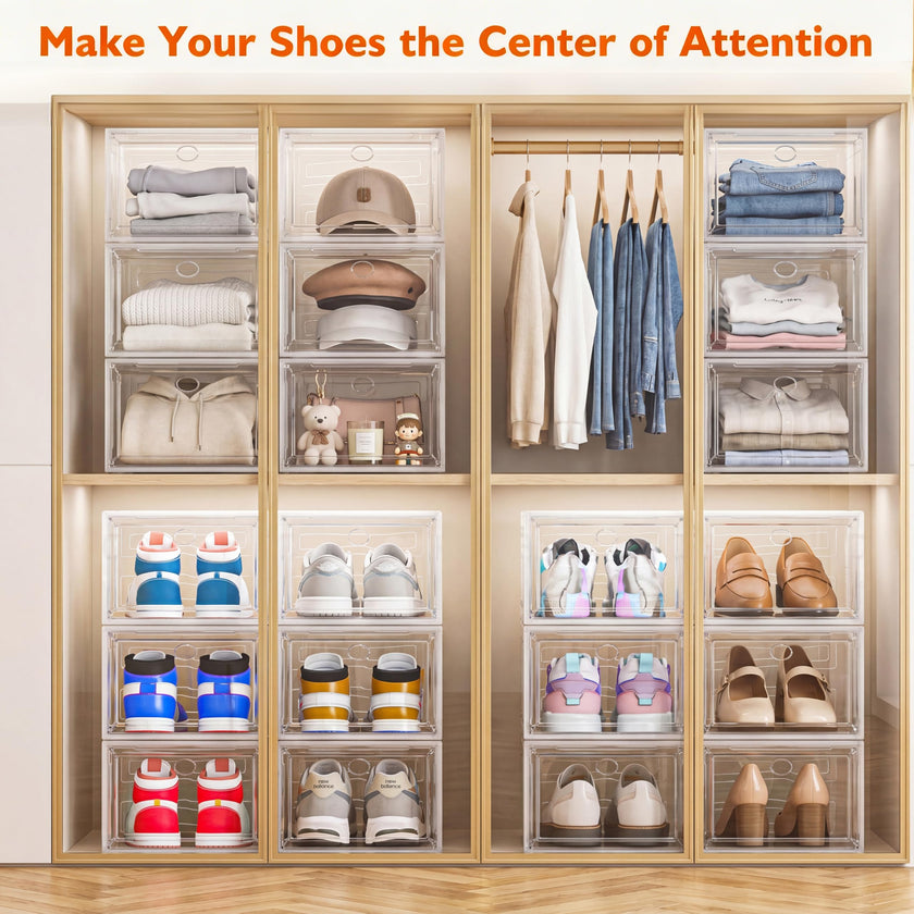 Thicken & Sturdy Clear Shoe Storage Organizer with Magnetic Door, Stackable Boxes for Closet, Foldable Space-Saving Shoe Rack for Sneaker Boot Container, Plastic Shoe Cabinet Shoe Box 6 Pack, White 🍁 All In One Marketplace Canada
