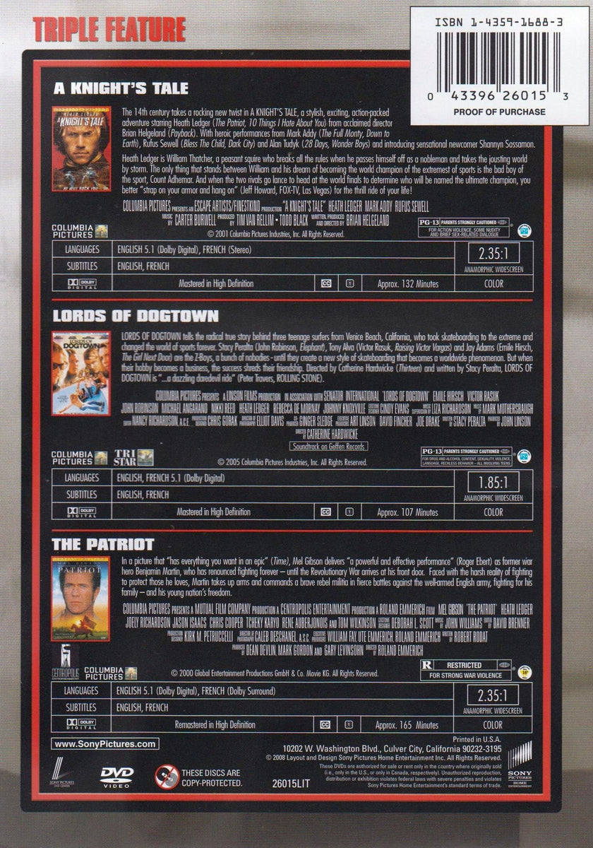 Heath Ledger Triple Feature (A Knight's Tale / Lords Of Dogtown / The Patriot) - DVD (Used)