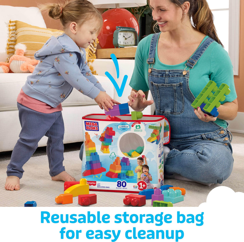 MEGA BLOKS First Builders Toddler Blocks Toys Set, Big Building Bag Collection with 80 Pieces and Storage, Blue, Ages 1+ Years 🍁 All In One Marketplace Canada