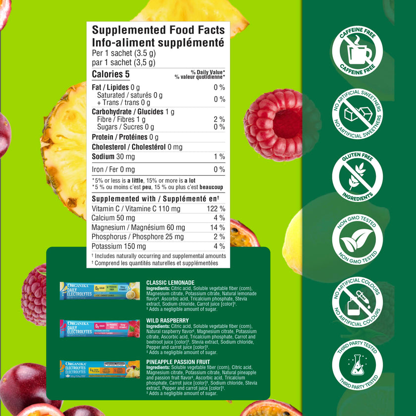 Organika Canadian-Made Electrolytes Powder with Vitamin C & Prebiotic Fibre - Sugar-Free Hydration Drink Mix Variety Pack - Lemonade, Raspberry & Pineapple Passionfruit - 21 Single-Serve Sachets x 3.5g 🍁 All In One Marketplace Canada
