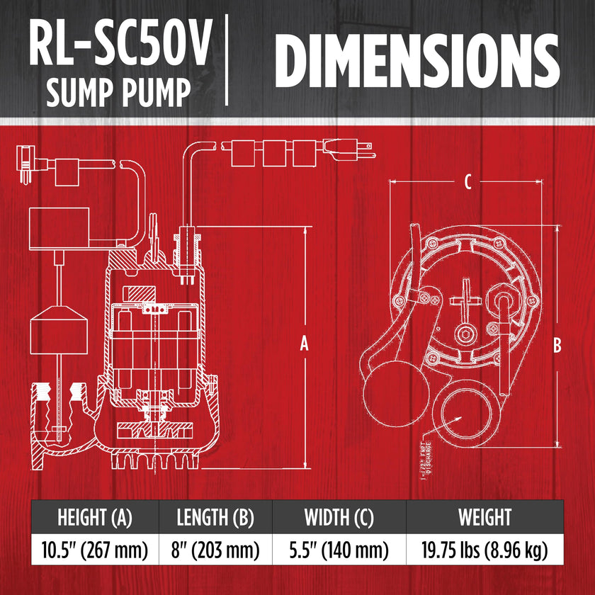 Red Lion RL-SC50V 115-Volt, 1/2 HP, 4300 GPH Cast Iron Sump Pump with Vertical Switch, 10-Ft. Cord, Red, 14942747 🍁 All In One Marketplace Canada