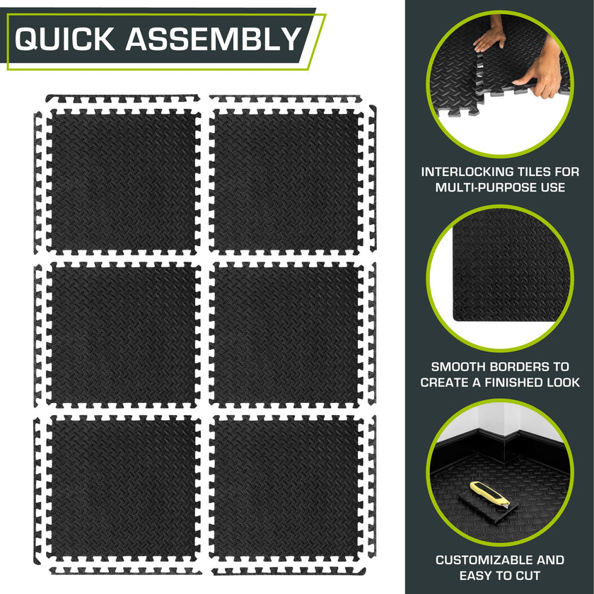 ProsourceFit Exercise Puzzle Mat 1/2-inch, EVA Interlocking Foam Floor Tiles for Home Gym, Workout Equipment, Kids Play Areas, Black, 24 SQ FT - 6 Tiles 🍁 All In One Marketplace Canada