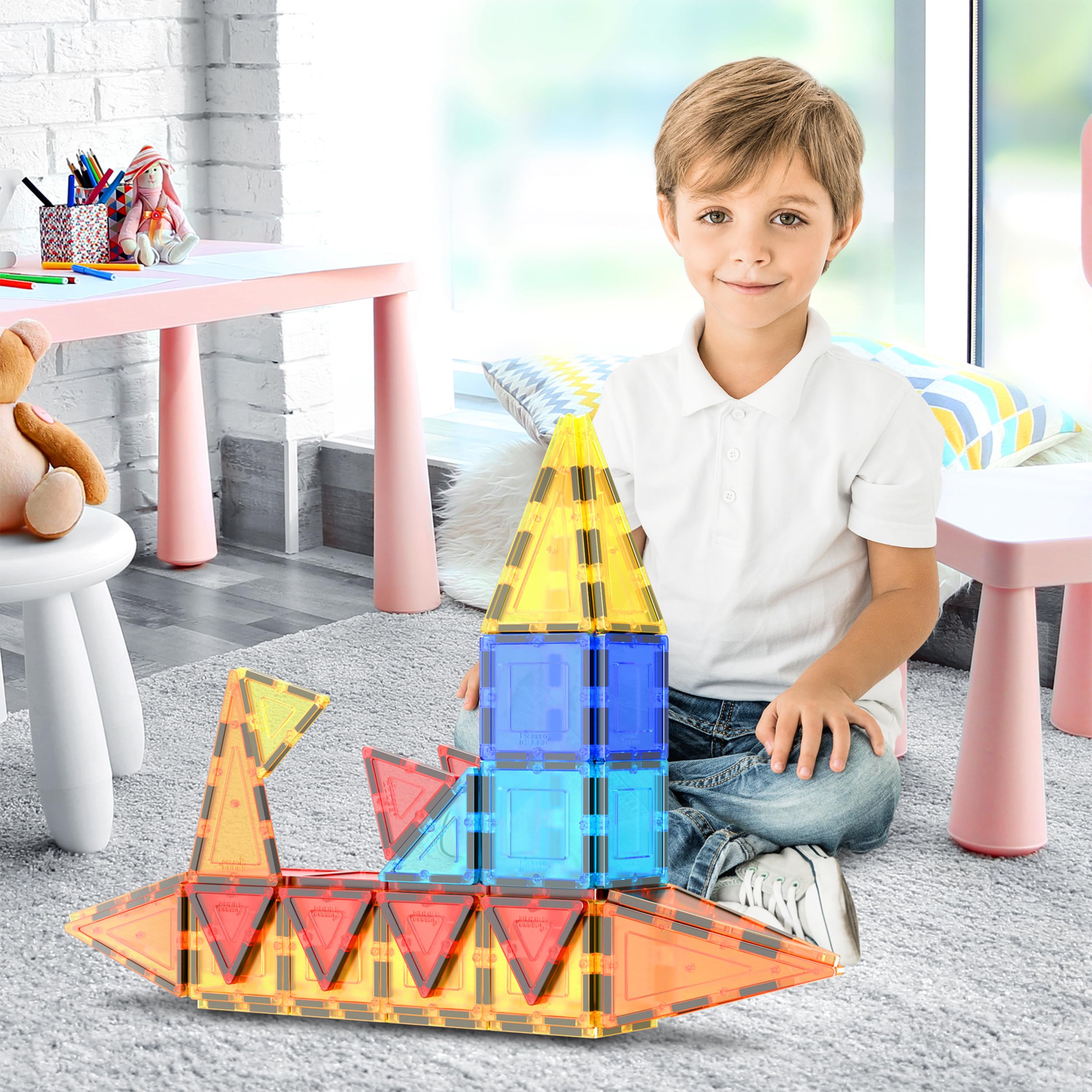 PicassoTiles Magnetic Tiles 60pcs Kids Toys Classroom Sensory Toy for Toddlers STEM Learning Building Blocks, Montessori Pretend Play Magnet Tile Construction Stacking Block Boys Girls Ages 3+ PT60 🍁 All In One Marketplace Canada