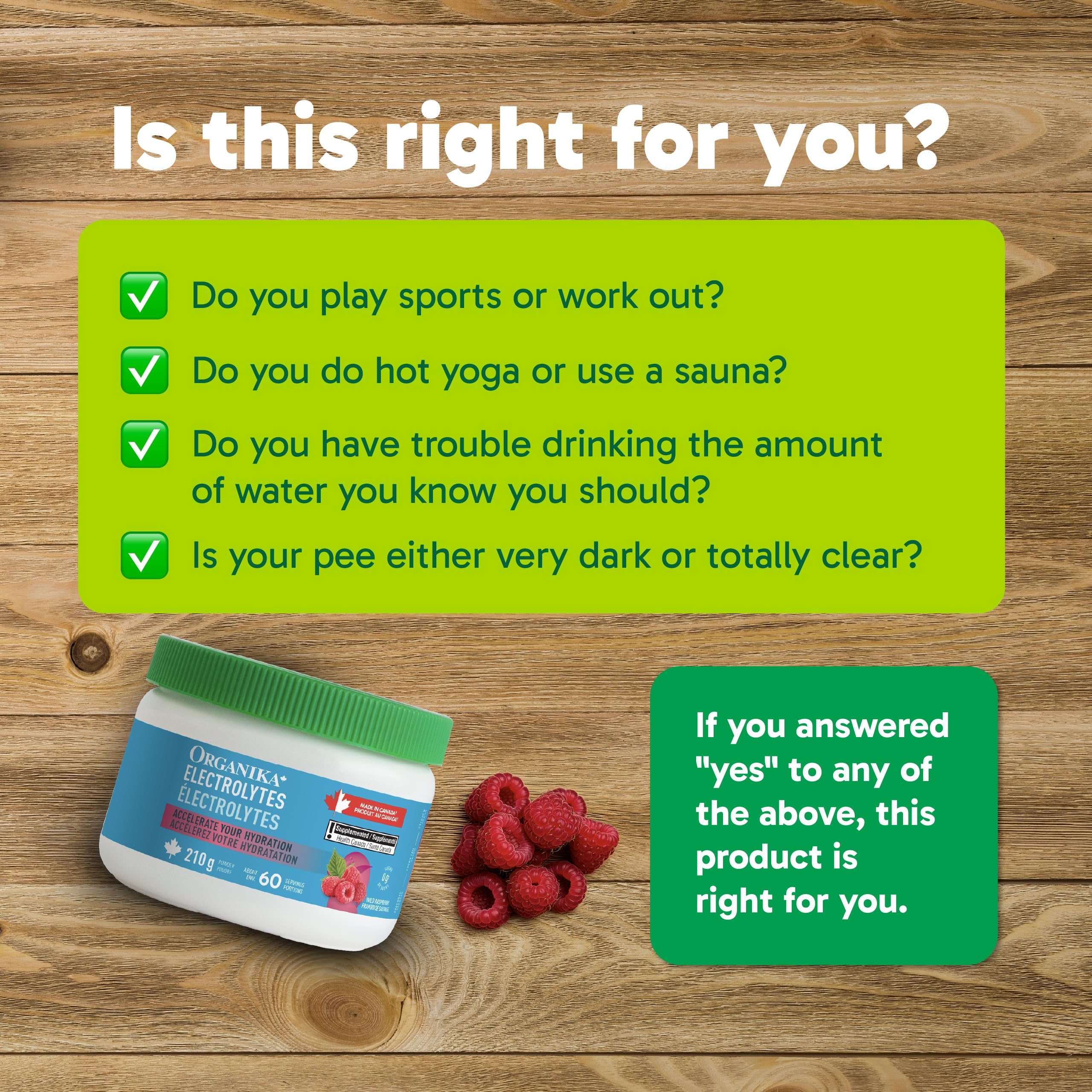 Organika Canadian-Made Electrolytes Powder with Vitamin C & Prebiotic Fibre - Sugar-Free Hydration Drink Mix - Wild Raspberry - 210 g - 60 servings 🍁 All In One Marketplace Canada