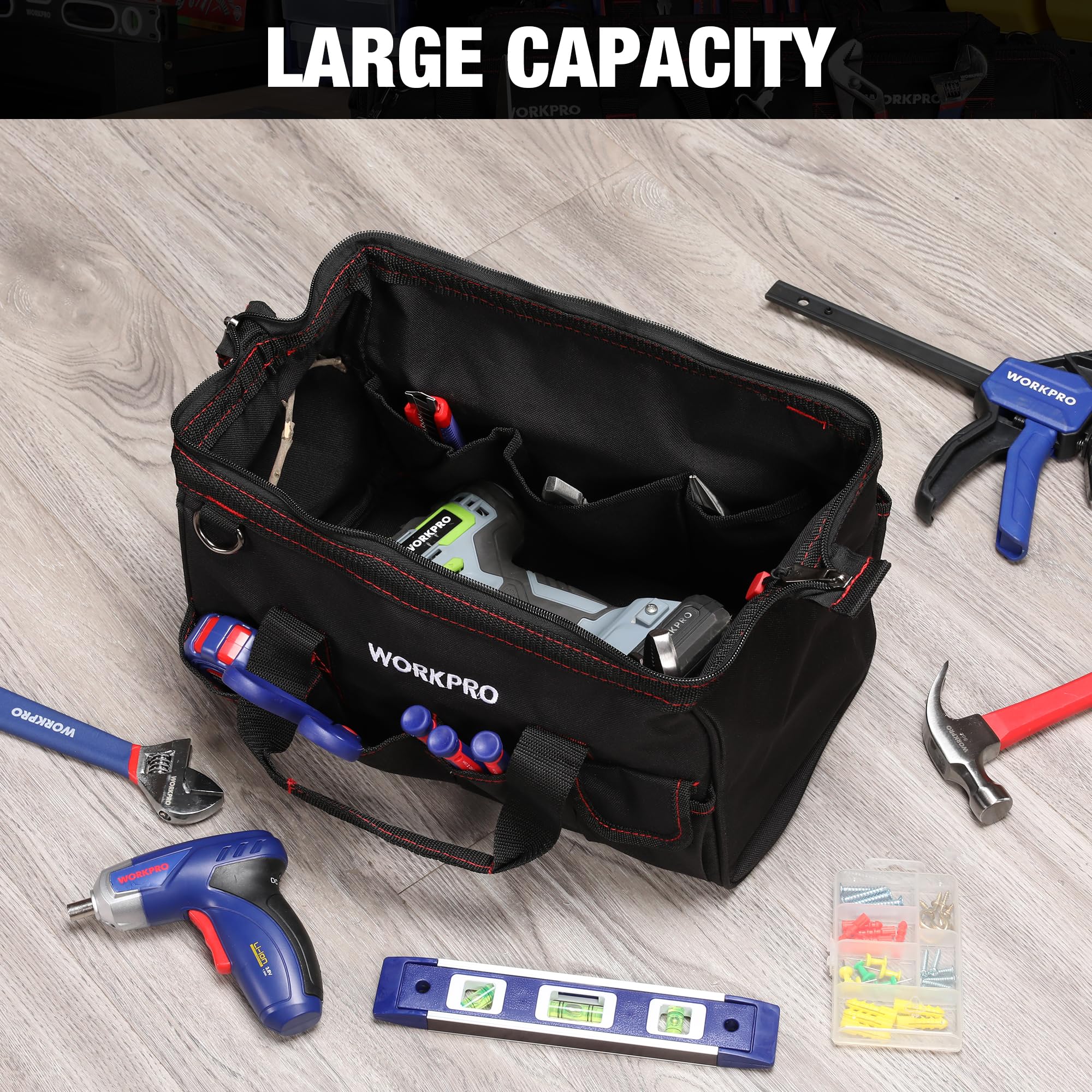 WORKPRO Close Top Wide Mouth Tool Bag Storage Organizer Close Tote, 14