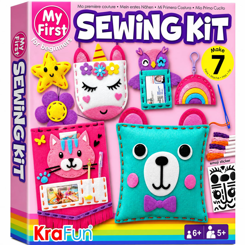 KRAFUN My First Sewing Kit for Kids Age 5+ Beginner Art & Craft, Includes 7 Easy Projects Dolls, Pillows, Bag, Instruction & Plush Felt Materials for Learn to Sew, Embroidery Skills 🍁 All In One Marketplace Canada