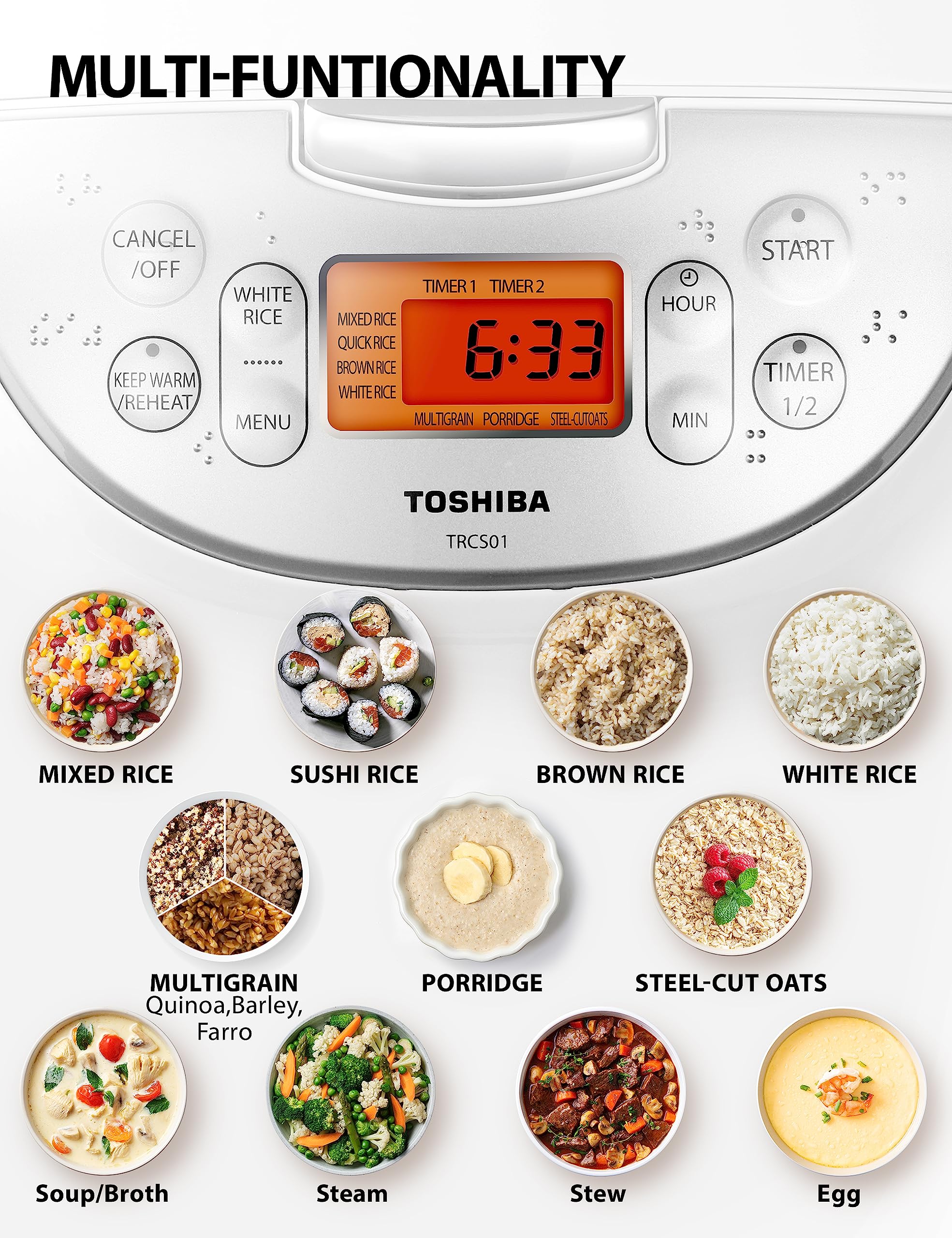 Toshiba Rice Cooker 6 Cup Uncooked – Japanese Rice Cooker with Fuzzy Logic Technology, 7 Cooking Functions, Digital Display, 2 Delay Timers and Auto Keep Warm, Non-Stick Inner Pot, White 🍁 All In One Marketplace Canada
