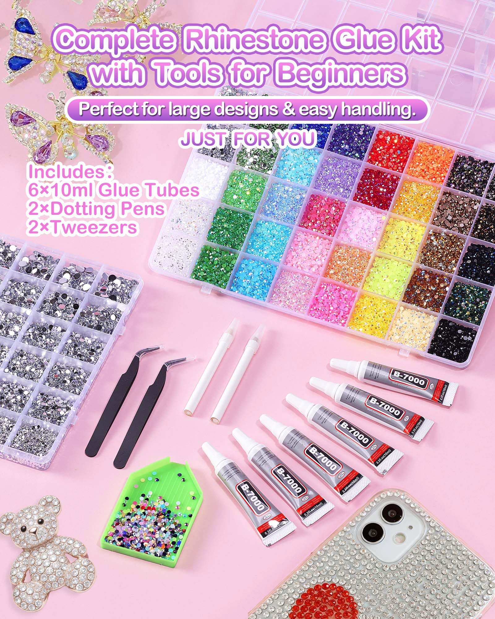 62,000pcs/64-Cells Bedazzling Kit, with 32,000pcs 3mm Nail Rhinestones in 40Colors for Bedazzling & 30,000pcs Clear Flatback Nail gems,6 Bottles B7000 Jewelry Glue, 2 Tweezers & 2 Dotting Pens 🍁 All In One Marketplace Canada