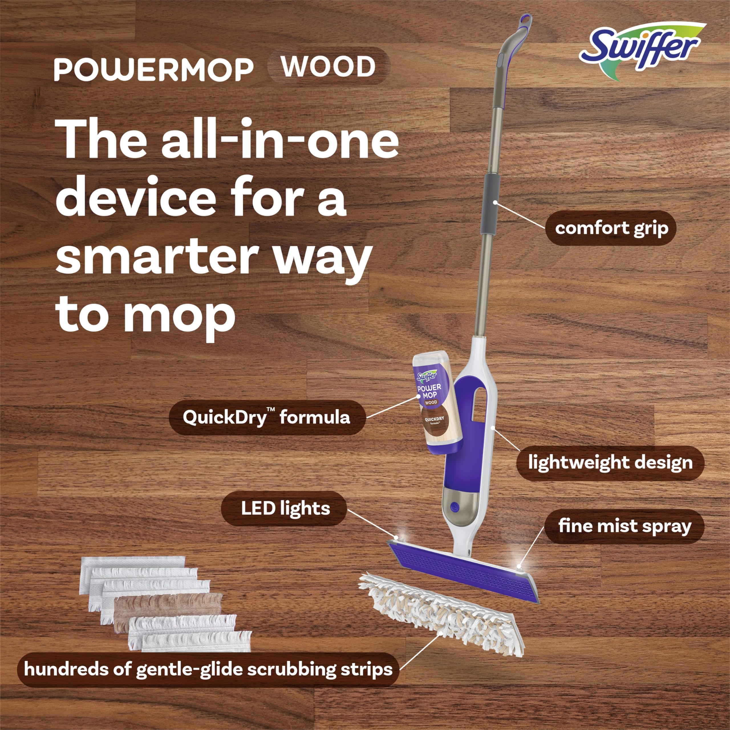 Swiffer Power Mop Wood, Hardwood Floor Cleaner for Mopping Home, All Purpose Multi-Surface Cleaning Set Includes PowerMop Wood, 2 Pads, 1 Quickdry Lemon Solution, & 2 Batteries, 5 Count 🍁 All In One Marketplace Canada