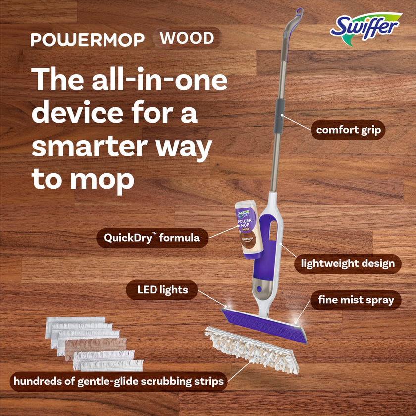 Swiffer Power Mop Wood, Hardwood Floor Cleaner for Mopping Home, All Purpose Multi-Surface Cleaning Set Includes PowerMop Wood, 2 Pads, 1 Quickdry Lemon Solution, & 2 Batteries, 5 Count 🍁 All In One Marketplace Canada