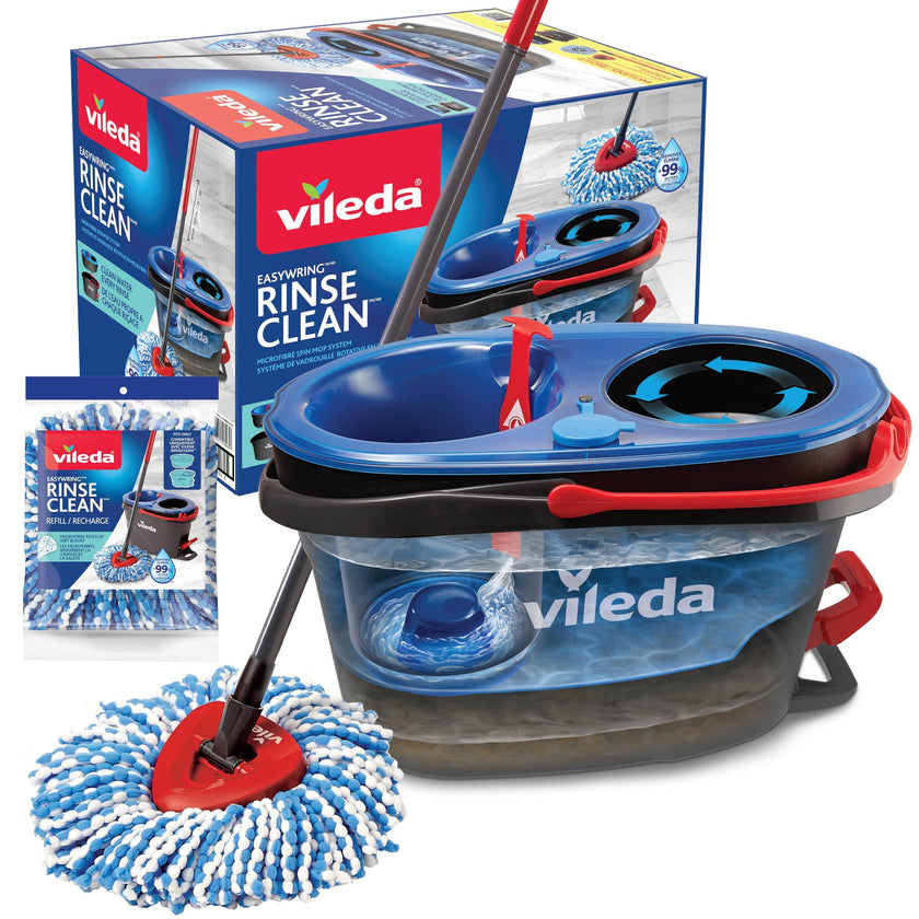 Vileda EasyWring RinseClean Spin Mop & Bucket System with 1 Extra Refill | 2-Tanks Separate Clean and Dirty Water | Machine Washable and Reusable Microfiber Mop Head | Hands-Free Wringing Mop Bucket 🍁 All In One Marketplace Canada