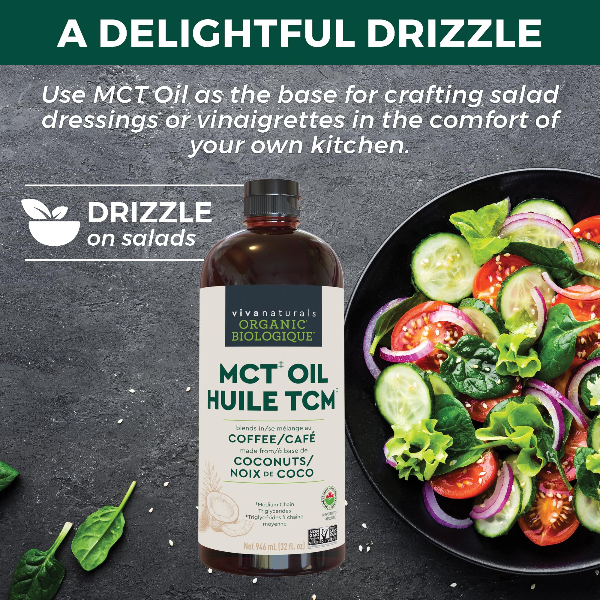 Viva Naturals MCT Oil Organic for Keto Coffee, Smoothies and Salad Dressings - Made from Organic Coconuts - Gluten Free, Dairy Free, Vegan, Keto & Paleo Certified - (946 mL, 32 fl oz) 🍁 All In One Marketplace Canada