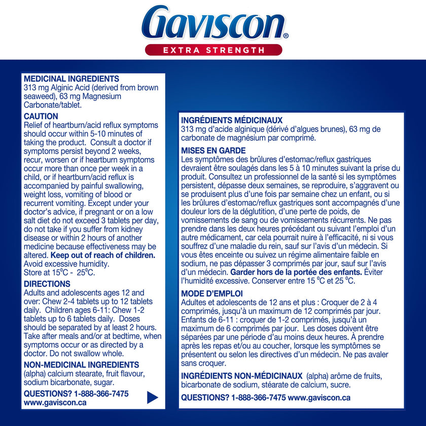 Gaviscon Extra Strength Tablets - 120 Count - Chewable Foaming Antacid Tablets for Day and Night Heartburn Relief, Acid Reflux and GERD Relief, Fruit Blend - Free of Aluminum, Lactose and Gluten 🍁 All In One Marketplace Canada