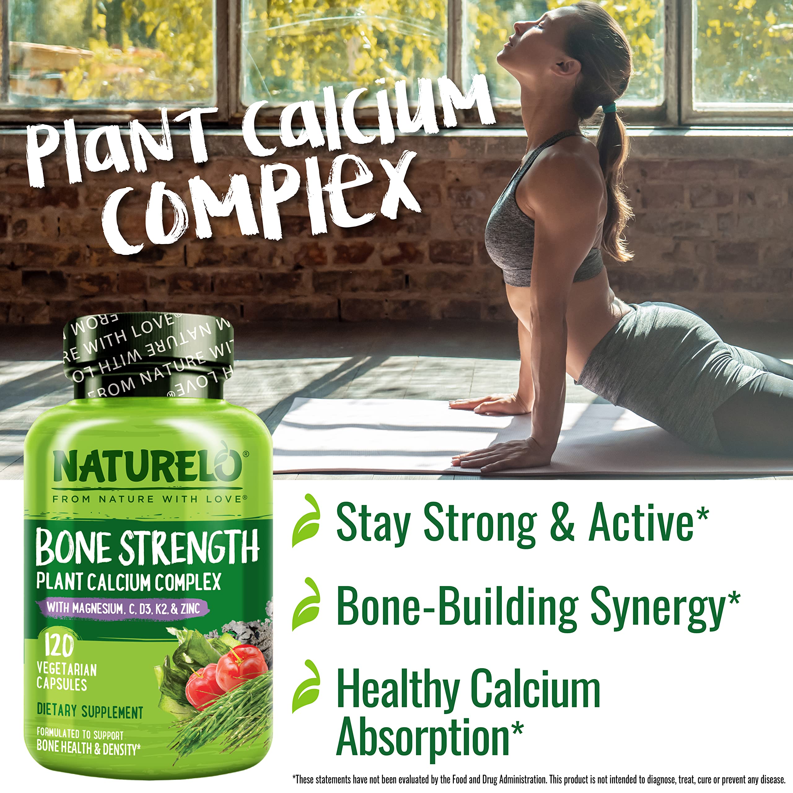 NATURELO Calcium Supplement with Vitamin C, D3, K2, Magnesium & Zinc for Bone Strength, 120 Vegetarian Capsules, with Plant-Based Calcium 600mg, Non-GMO, Soy & Gluten-Free 🍁 All In One Marketplace Canada