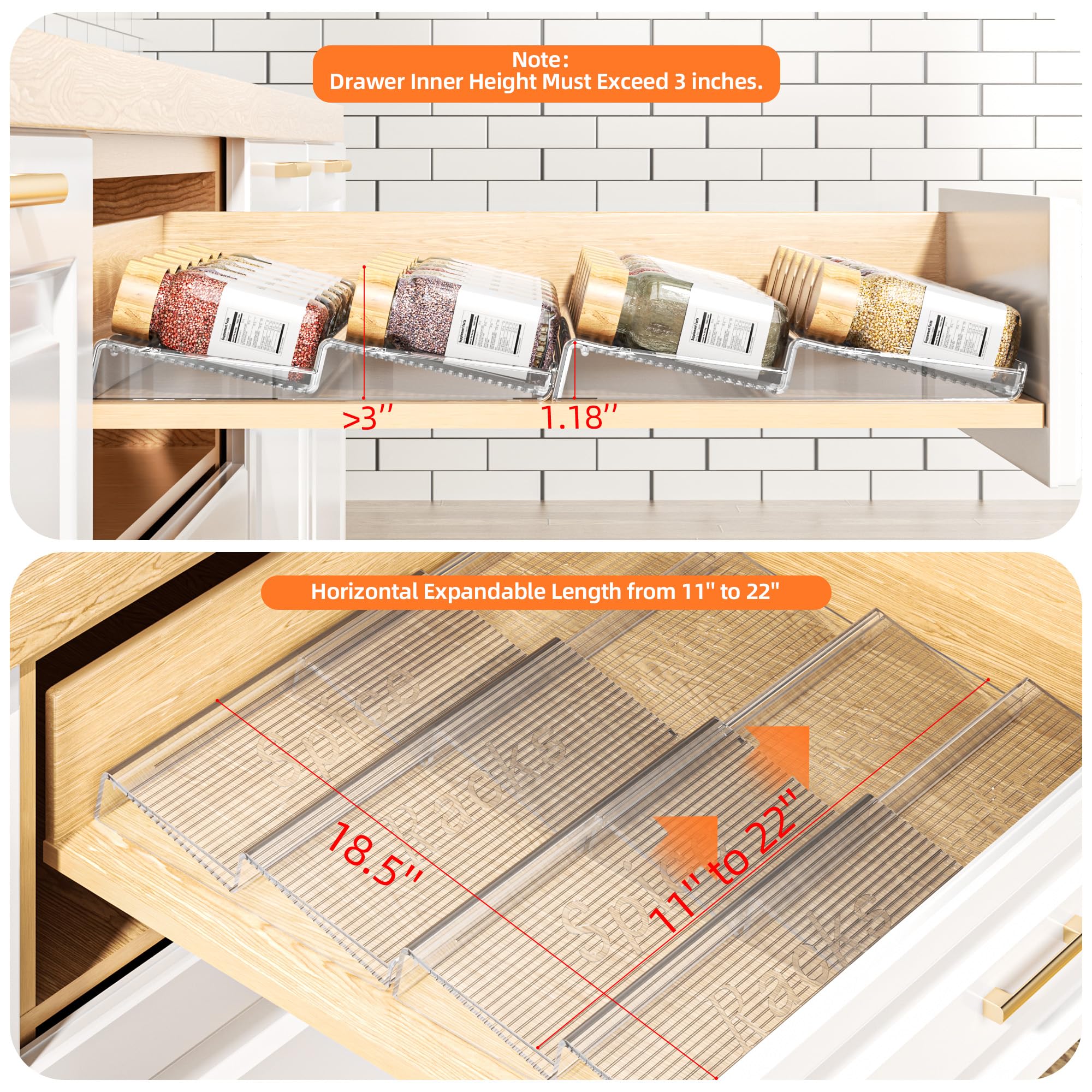 PanPanPal Spice Drawer Organizer, 4 Tier- 4 Pack Clear Acrylic Drawer Seasoning Organizer, Expandable From 11'' to 22'' Kitchen Spice Rack Organizers and Storage for Drawer (Jars not included) 🍁 All In One Marketplace Canada