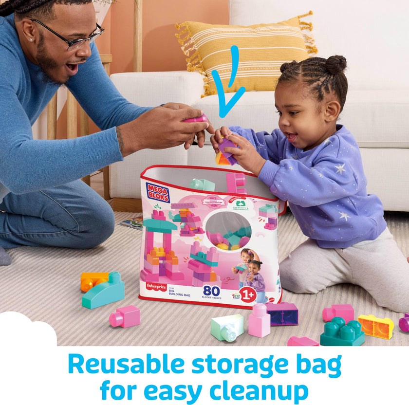 MEGA BLOKS First Builders Toddler Blocks Toys Set, Big Building Bag Collection with 80 Pieces and Storage, Pink, Ages 1+ Years 🍁 All In One Marketplace Canada